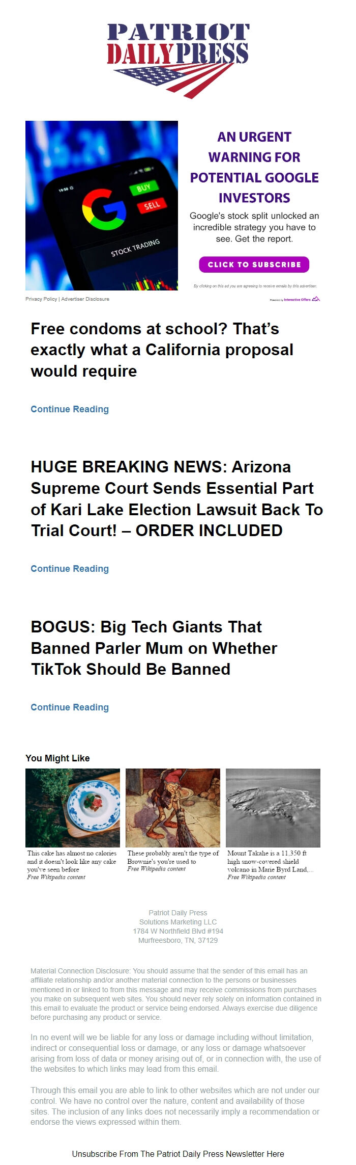 Screenshot of the email generated on import