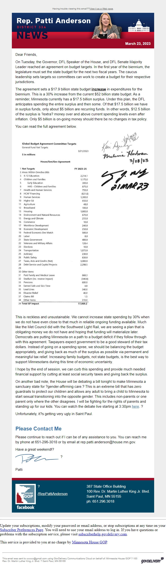 Screenshot of the email generated on import