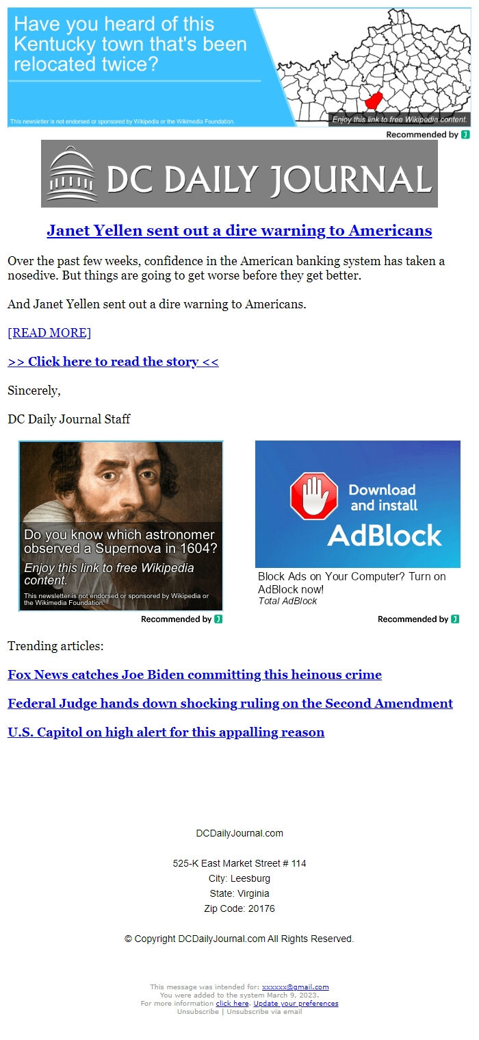 Screenshot of the email generated on import