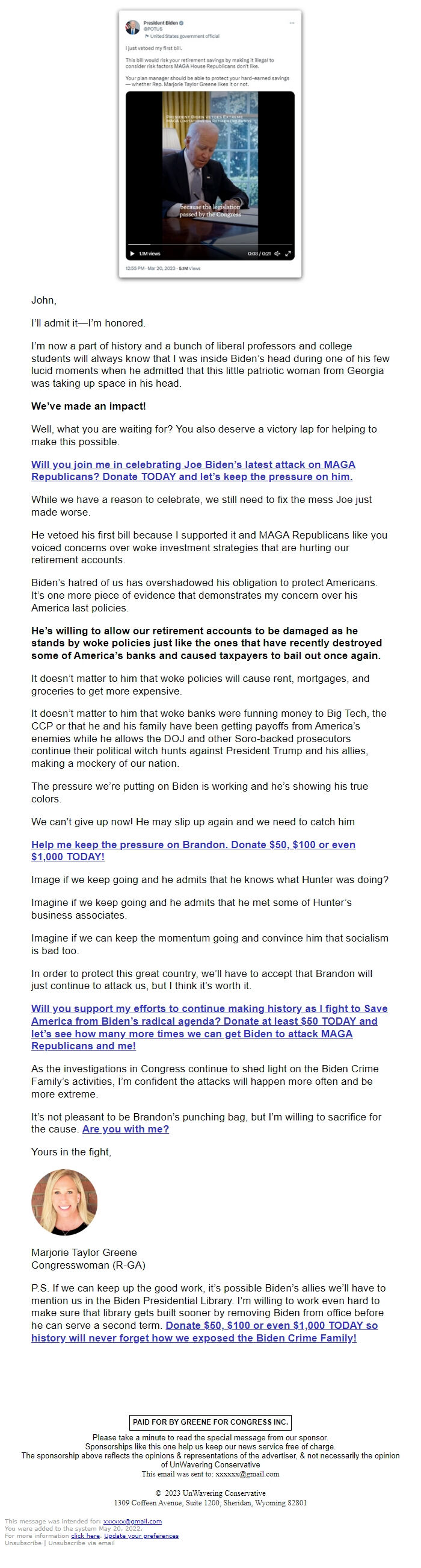 Screenshot of the email generated on import