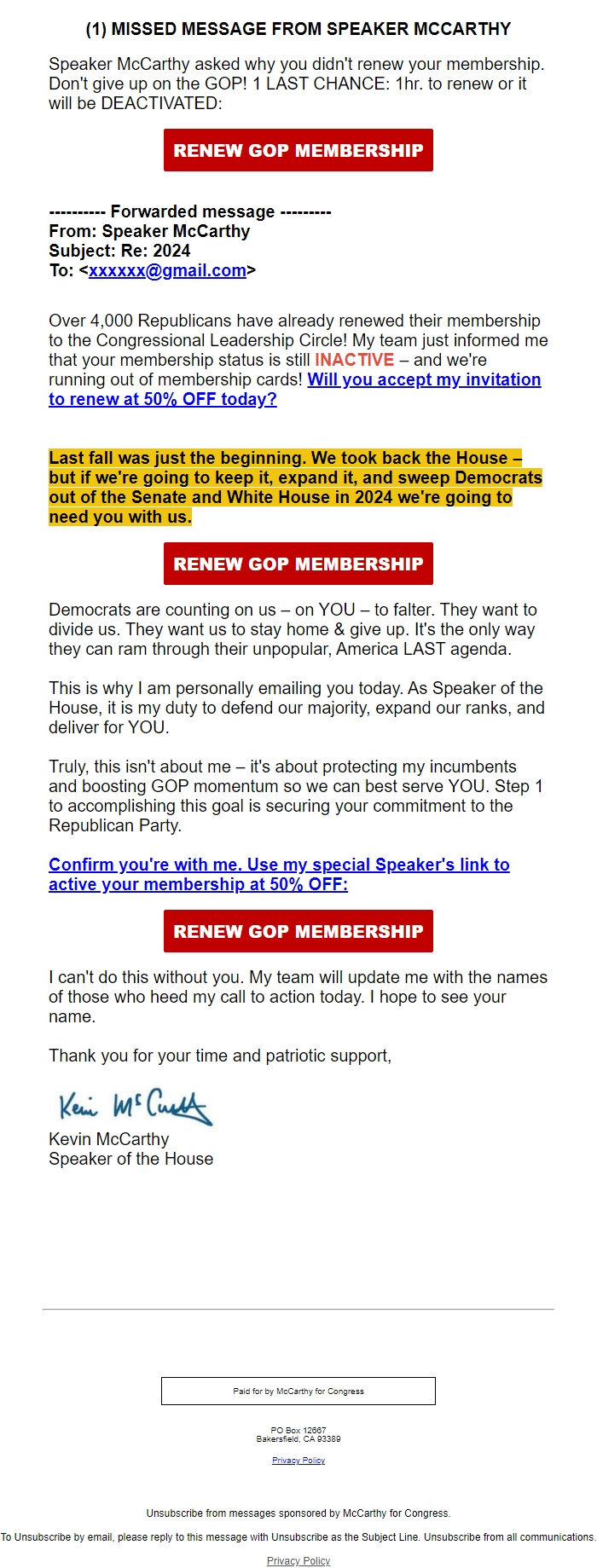 Screenshot of the email generated on import