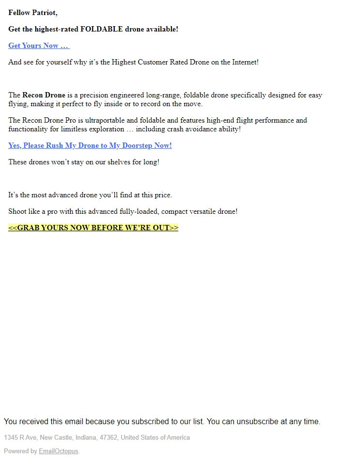 Screenshot of the email generated on import