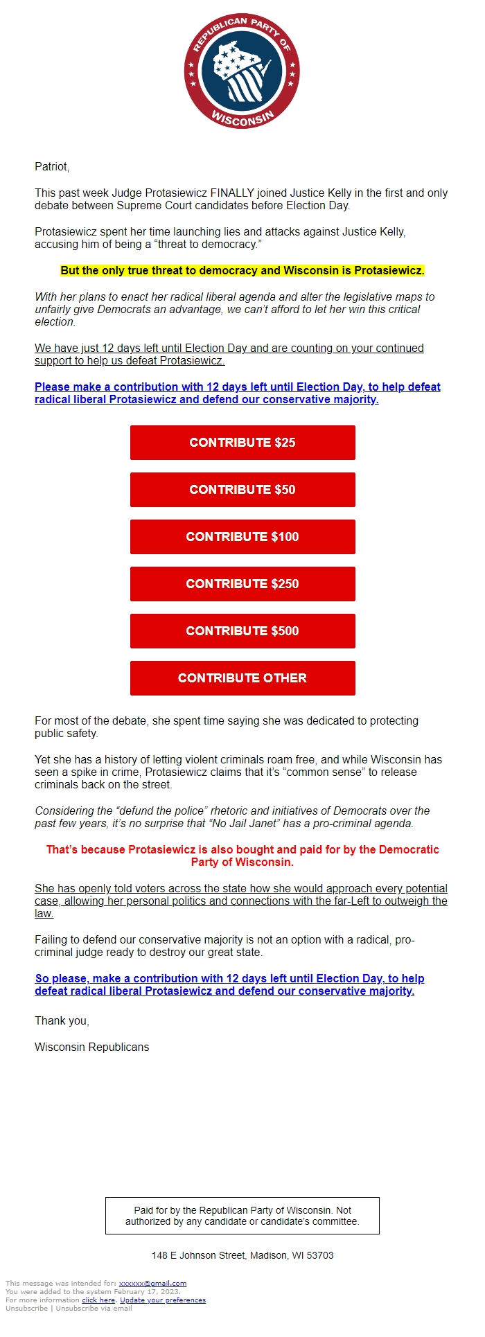 Screenshot of the email generated on import