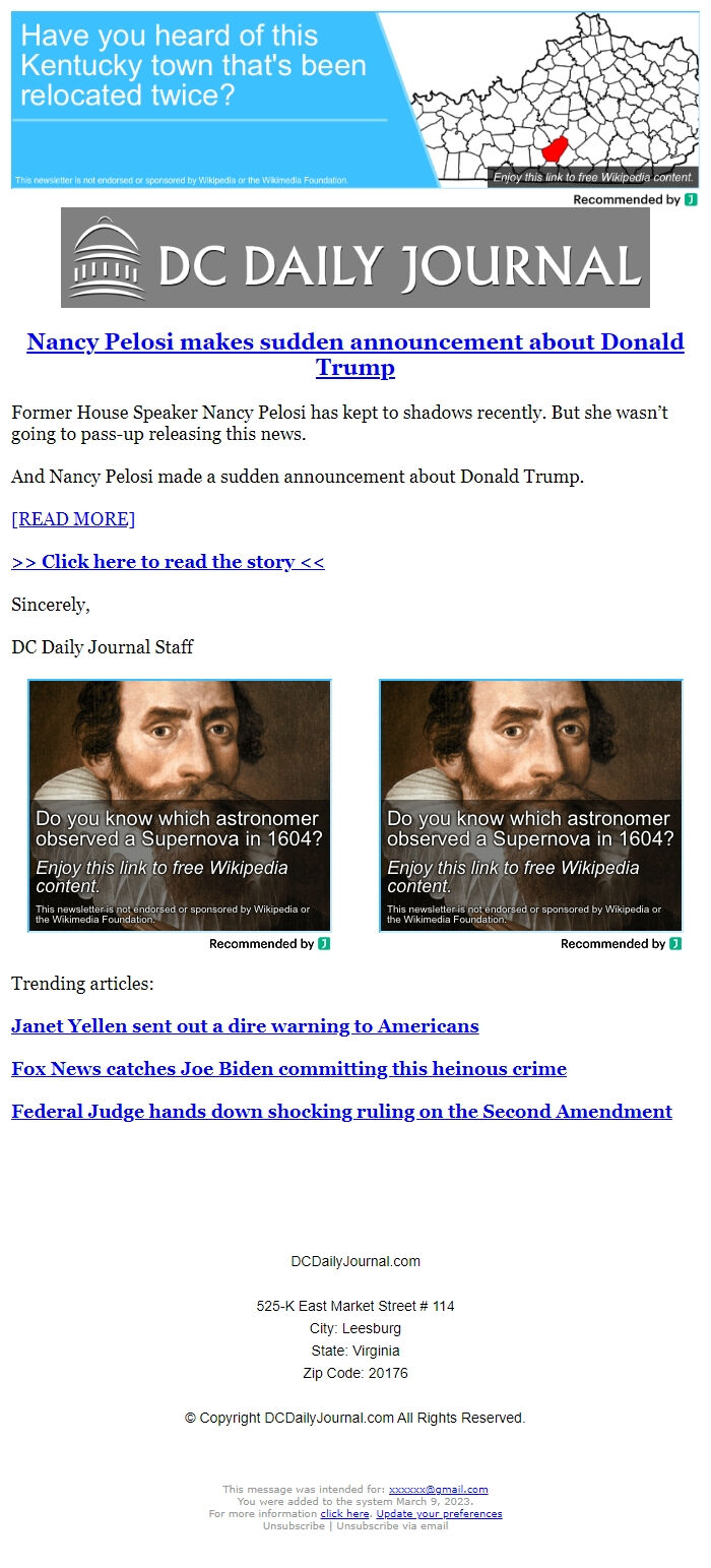 Screenshot of the email generated on import