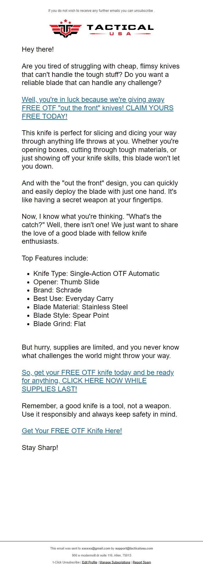 Screenshot of the email generated on import