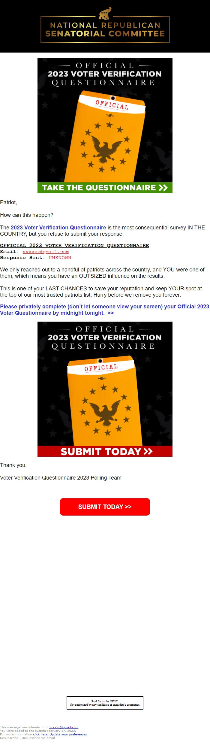 Screenshot of the email generated on import