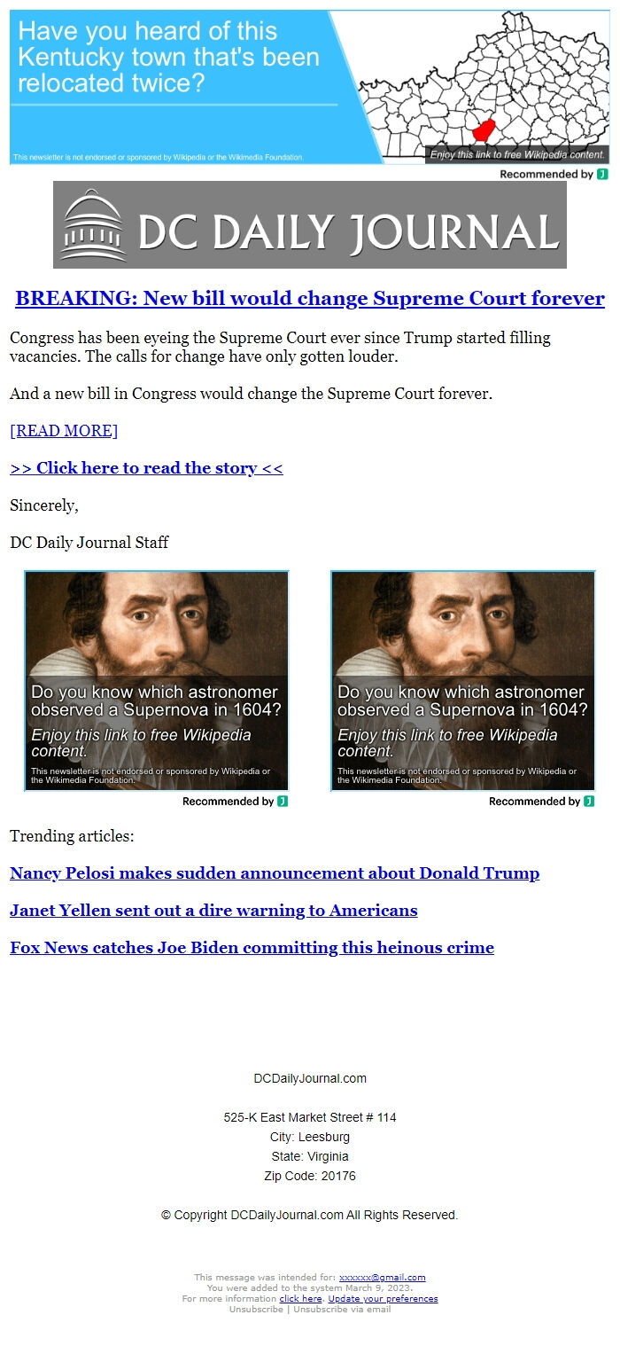 Screenshot of the email generated on import