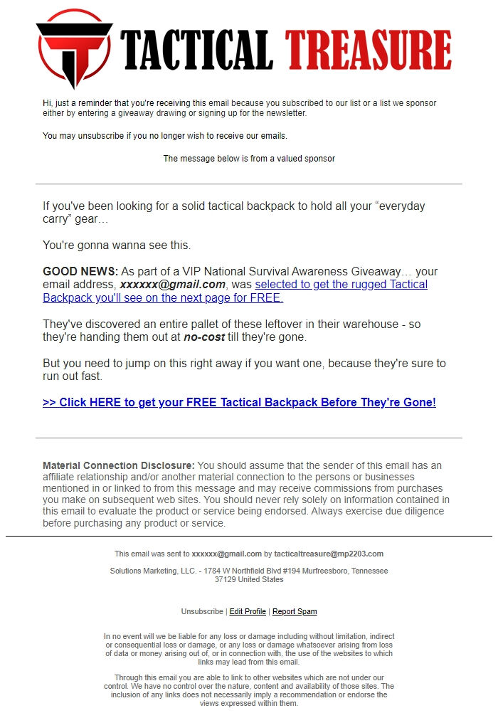 Screenshot of the email generated on import