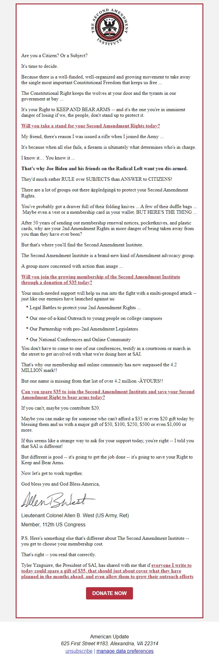 Screenshot of the email generated on import