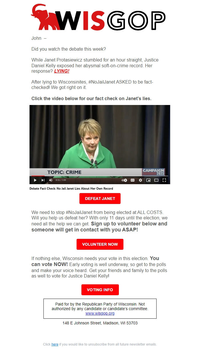 Screenshot of the email generated on import