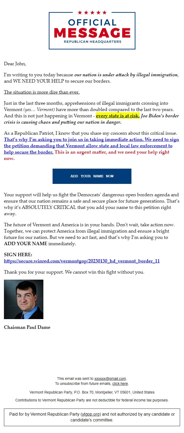 Screenshot of the email generated on import