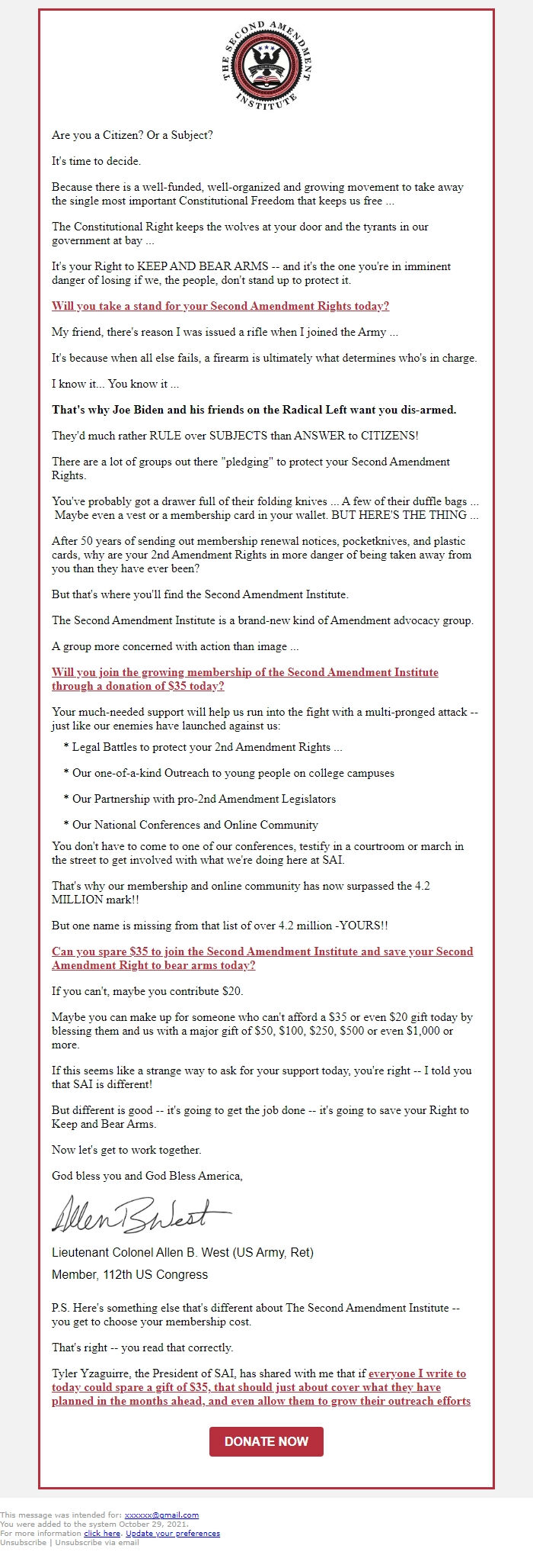 Screenshot of the email generated on import