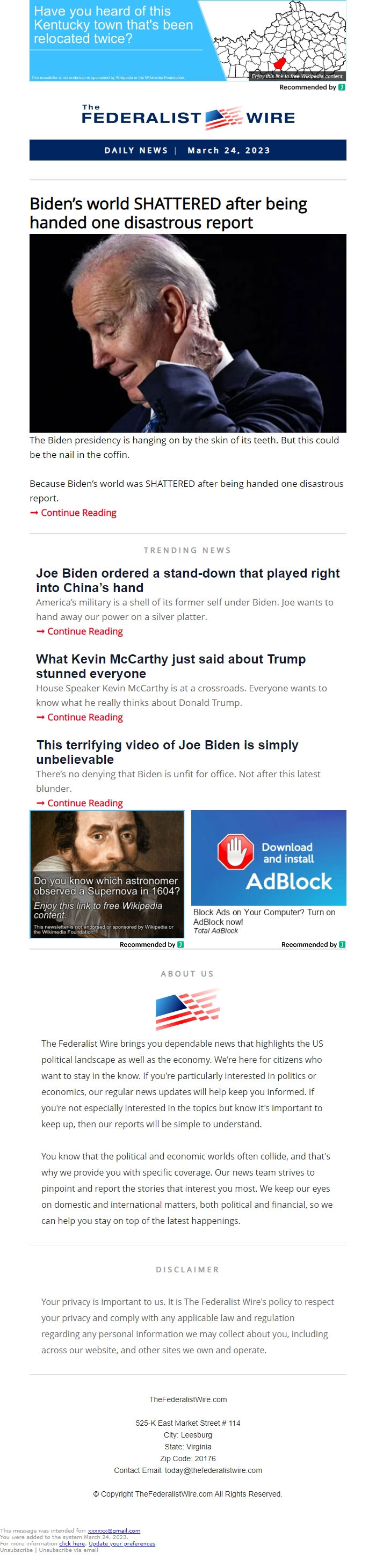 Screenshot of the email generated on import