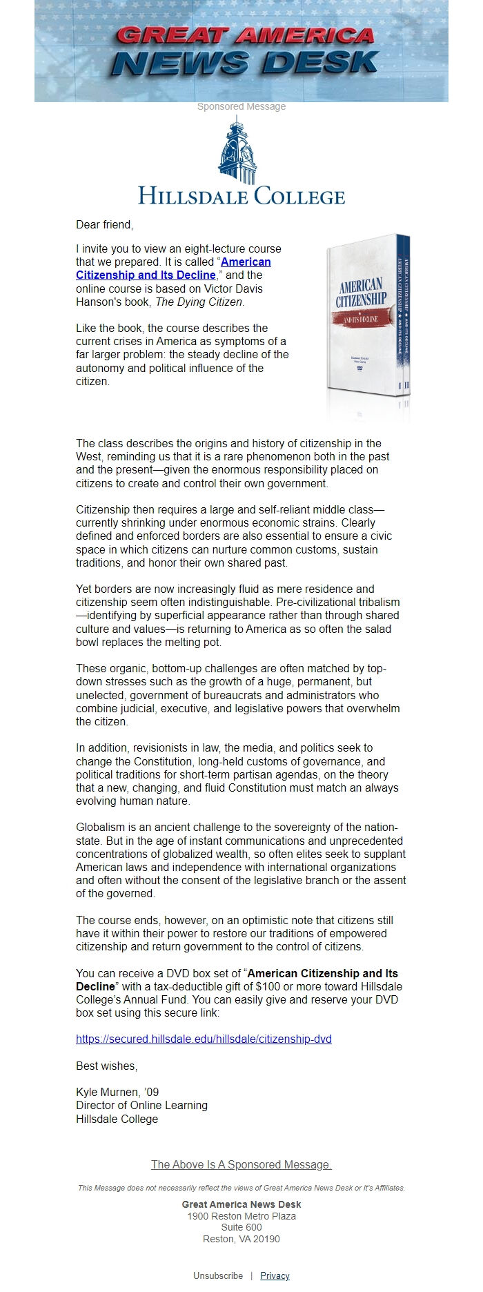 Screenshot of the email generated on import