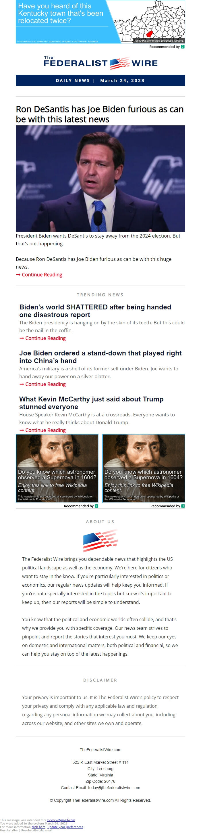 Screenshot of the email generated on import