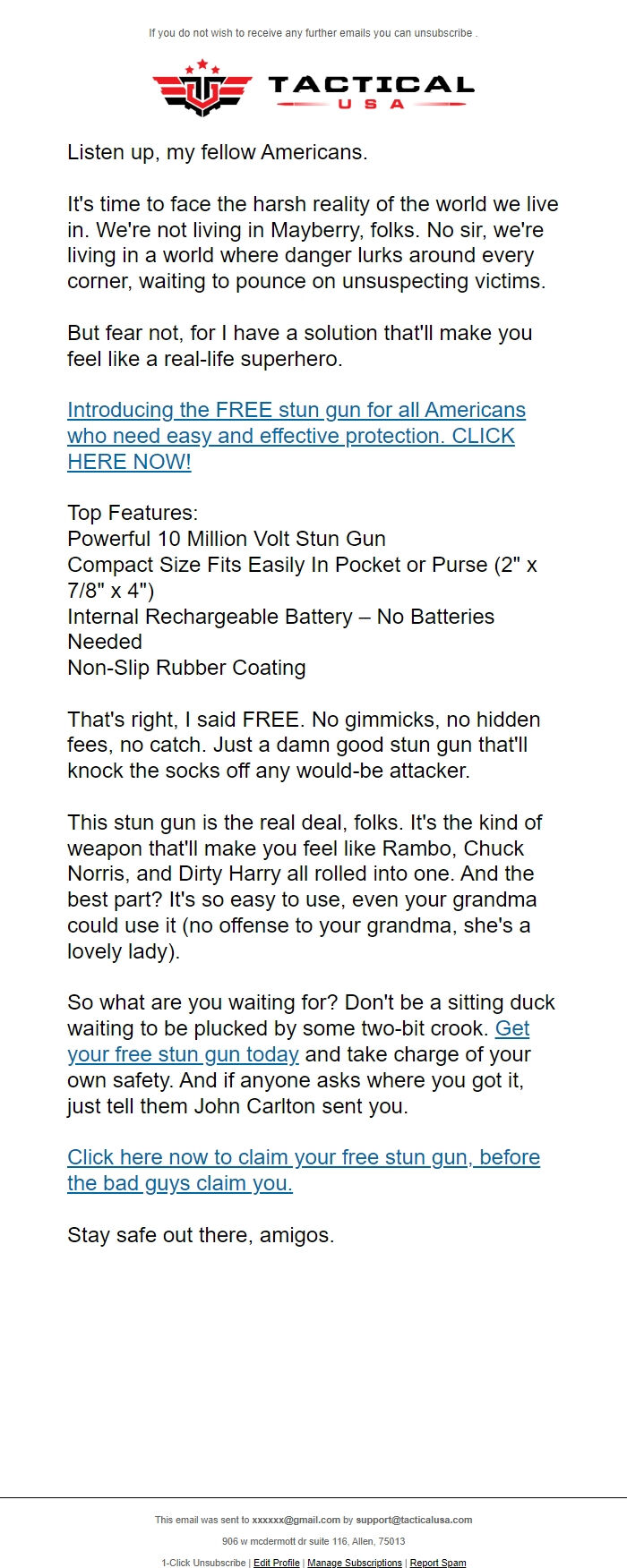 Screenshot of the email generated on import