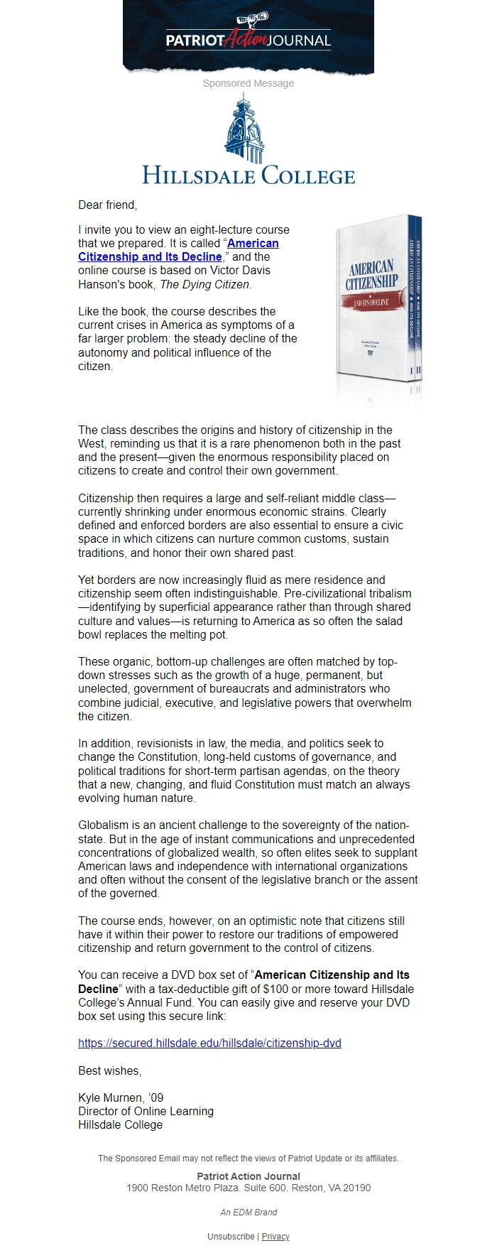 Screenshot of the email generated on import