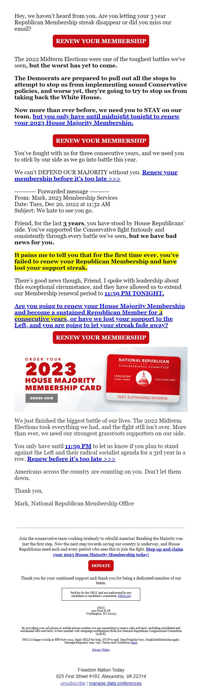 Screenshot of the email generated on import