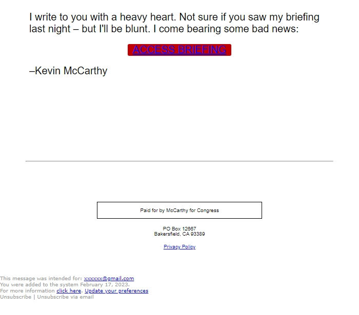 Screenshot of the email generated on import