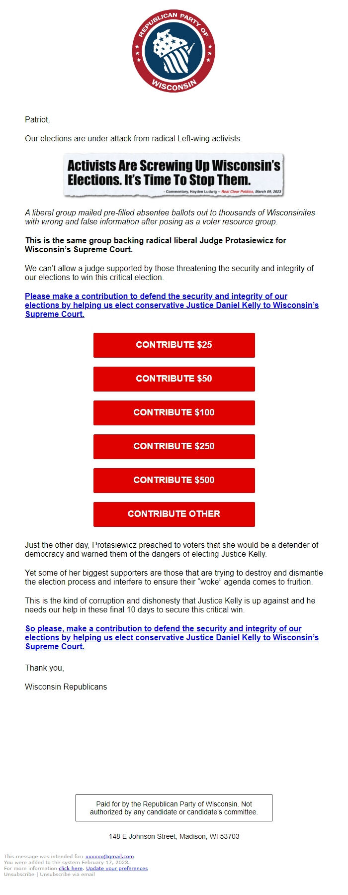 Screenshot of the email generated on import