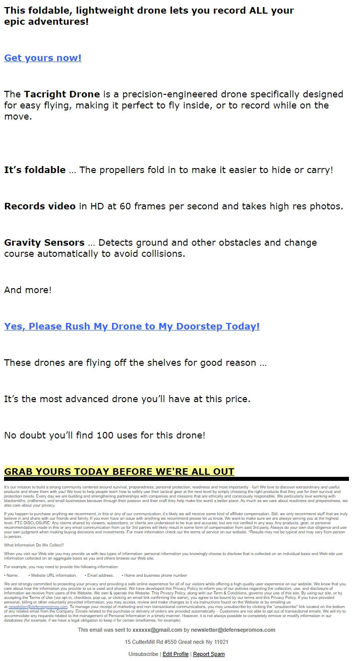 Screenshot of the email generated on import