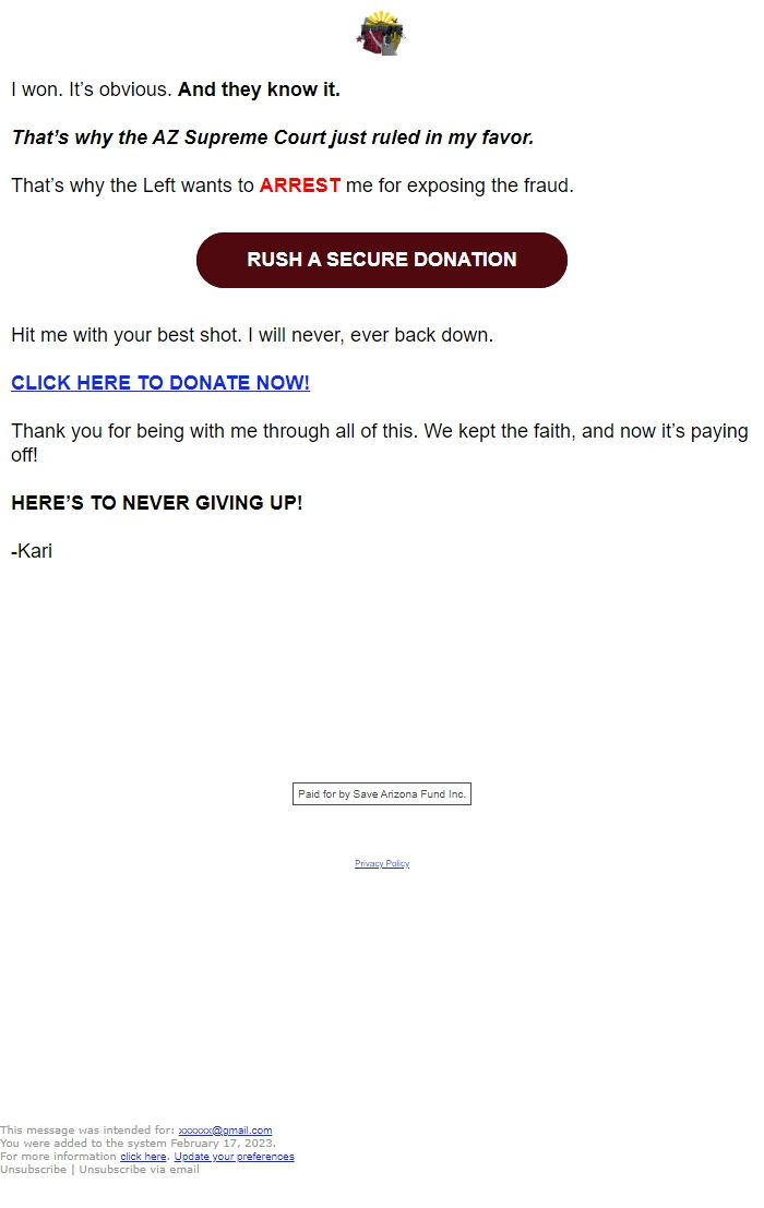 Screenshot of the email generated on import