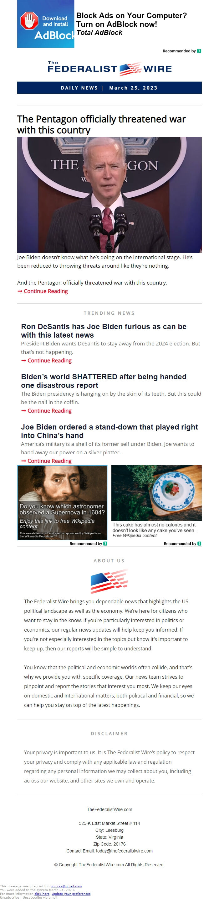 Screenshot of the email generated on import