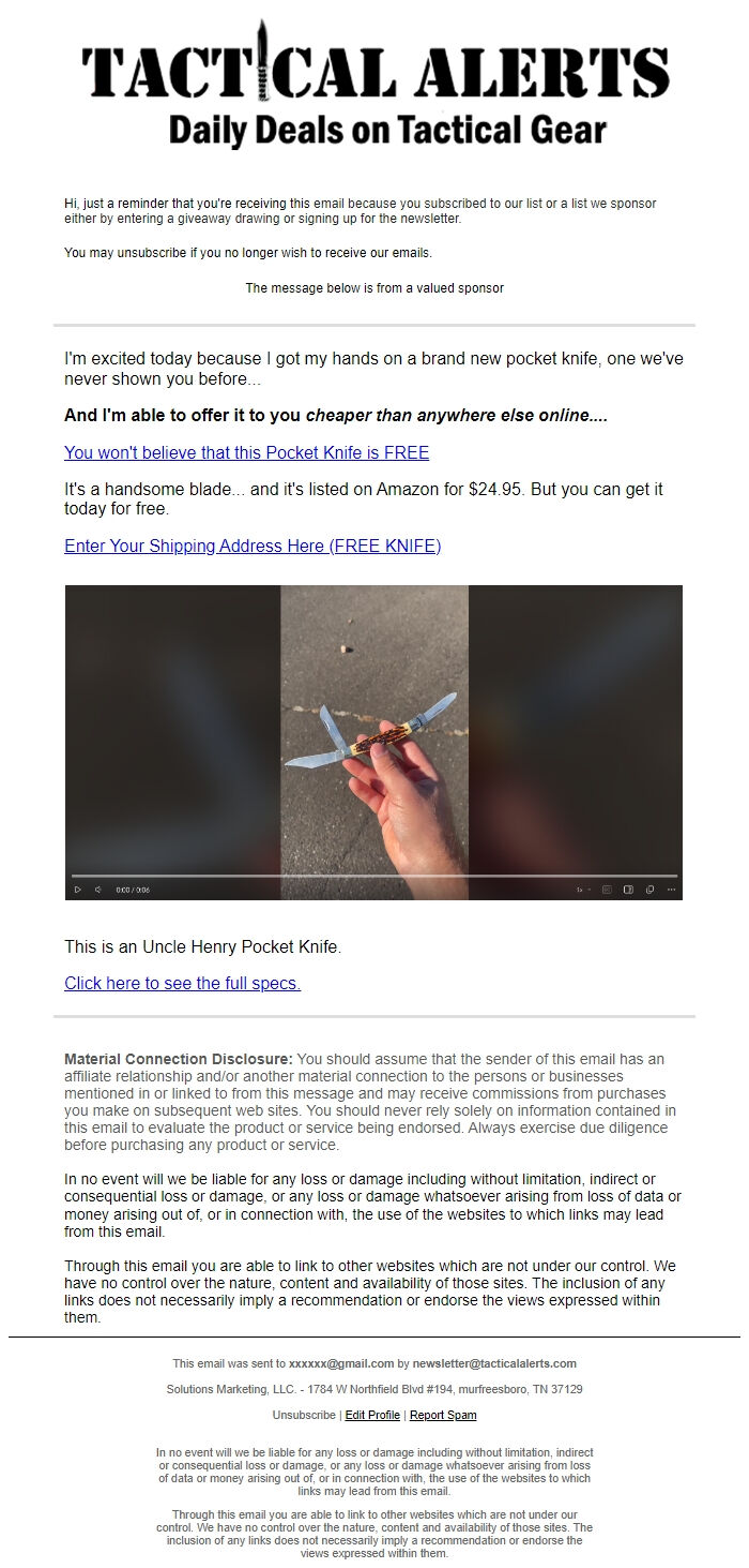 Screenshot of the email generated on import