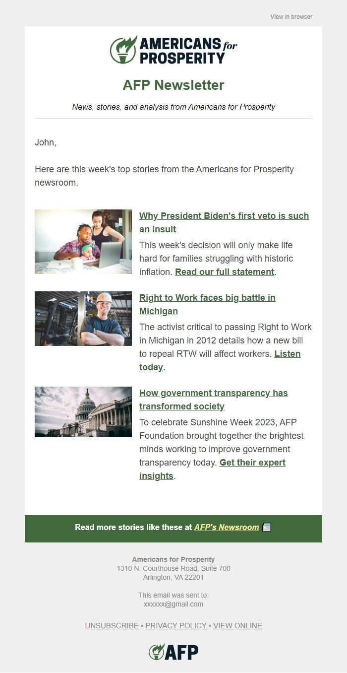 Screenshot of the email generated on import