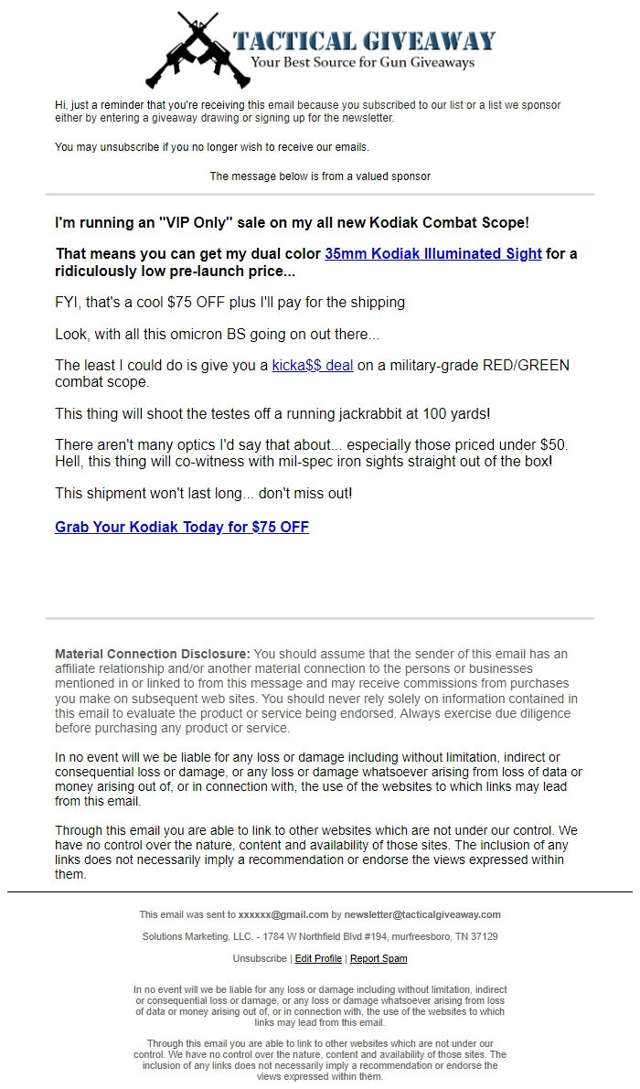 Screenshot of the email generated on import