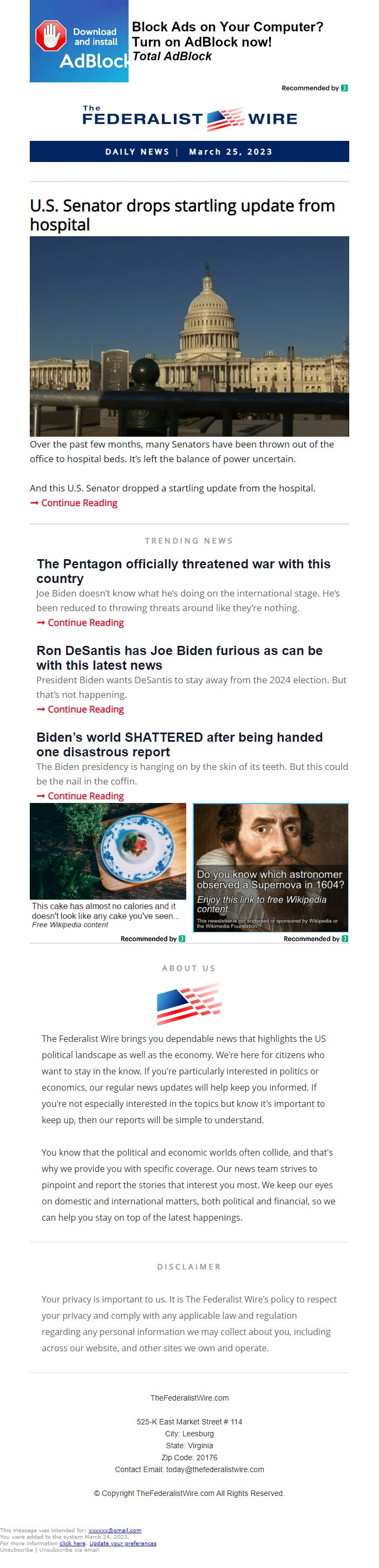 Screenshot of the email generated on import