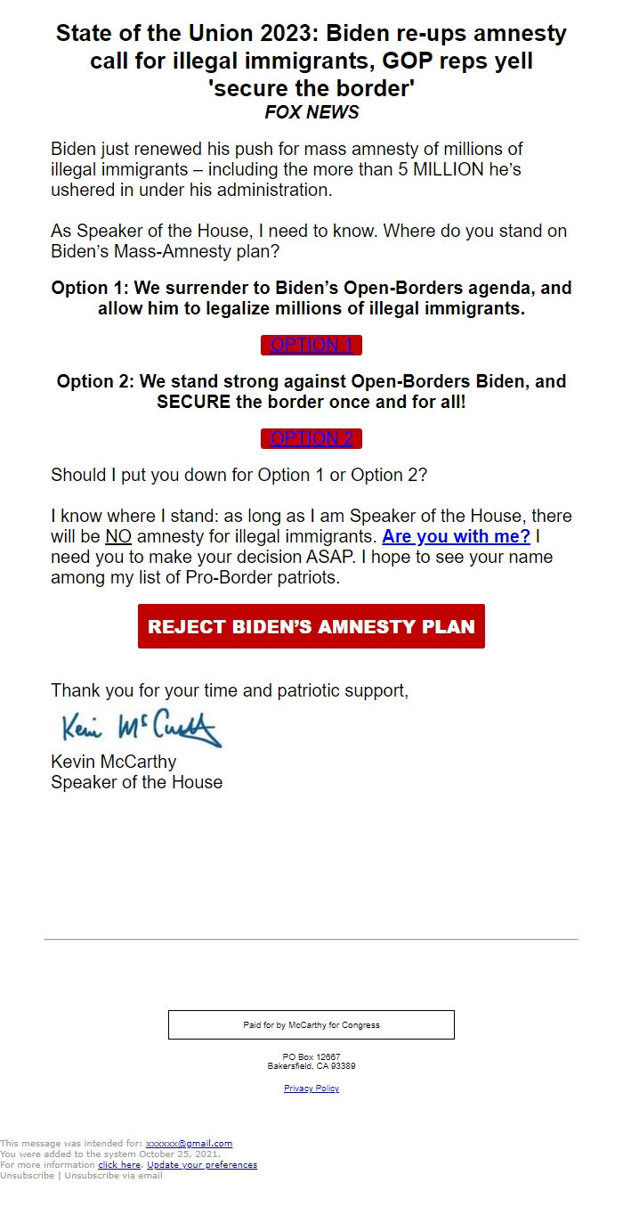 Screenshot of the email generated on import