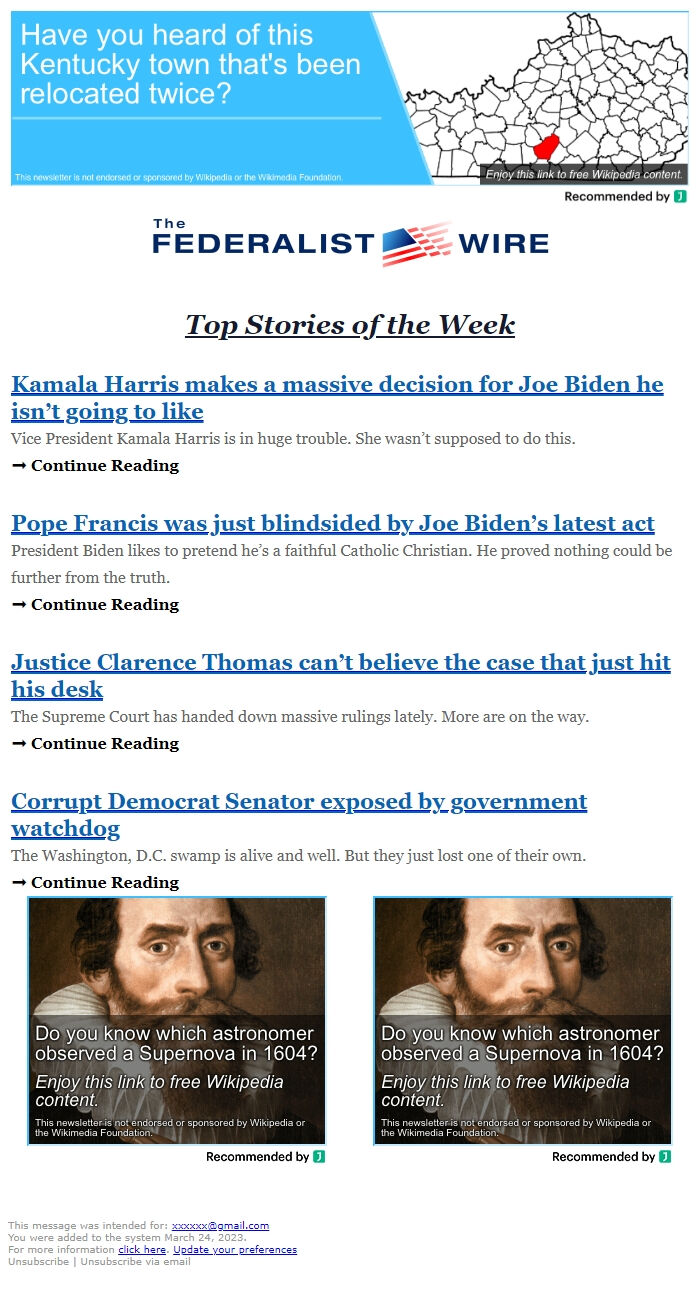 Screenshot of the email generated on import