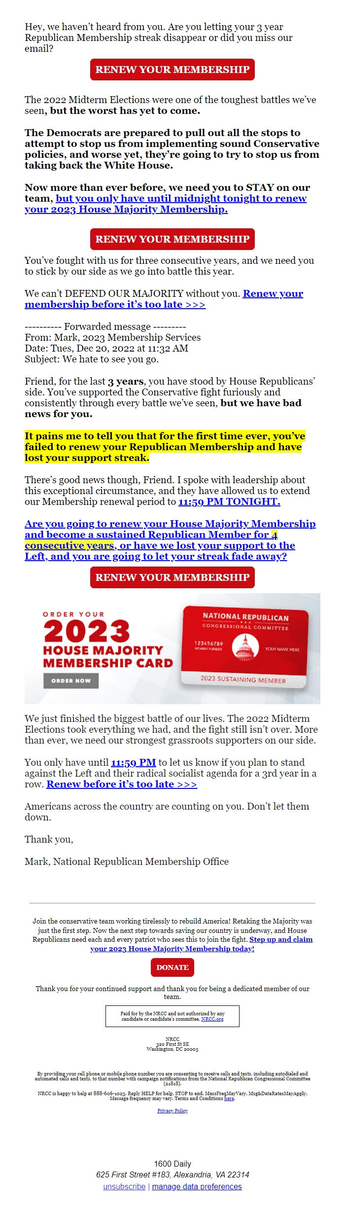 Screenshot of the email generated on import