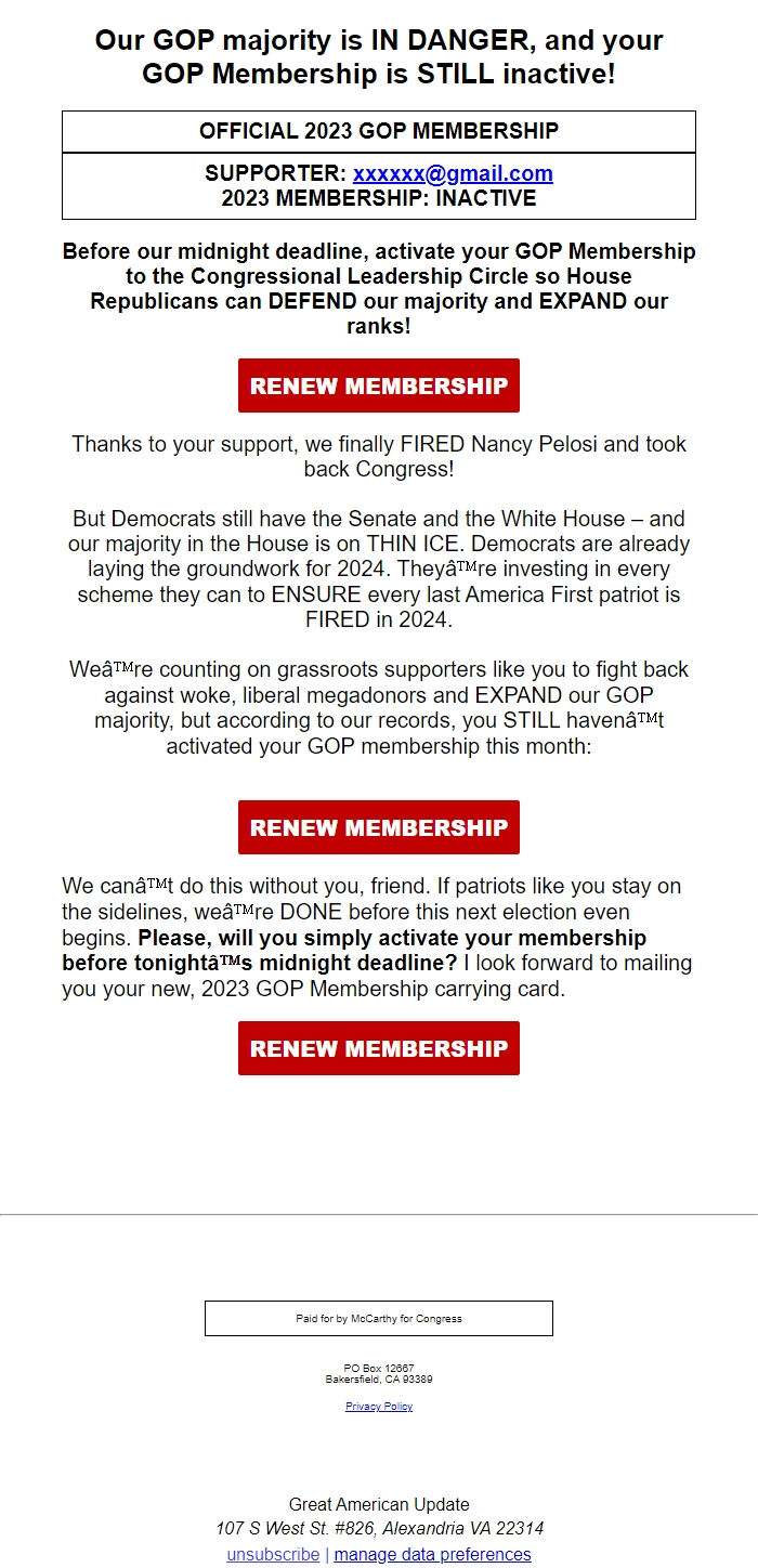 Screenshot of the email generated on import