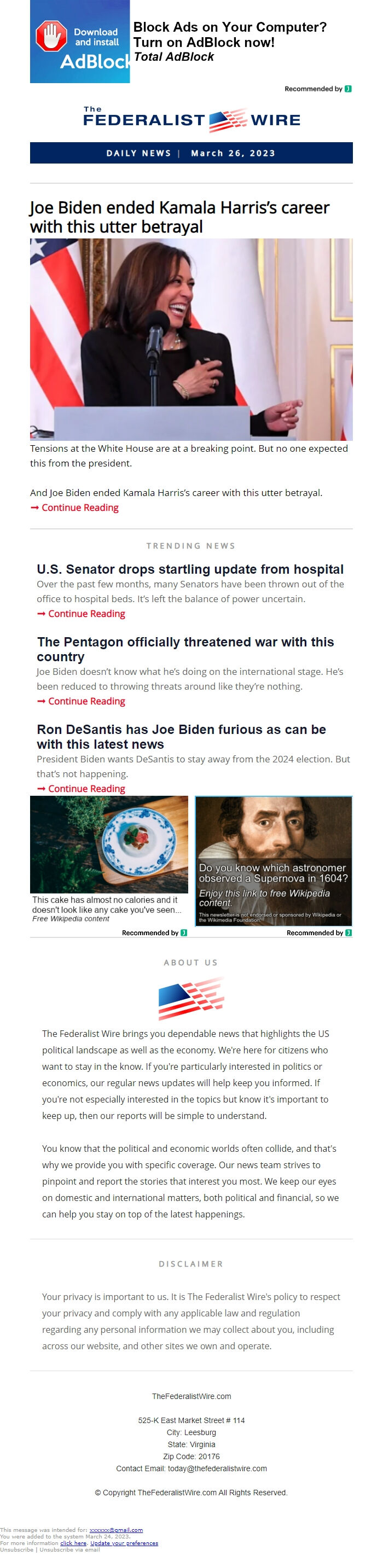 Screenshot of the email generated on import