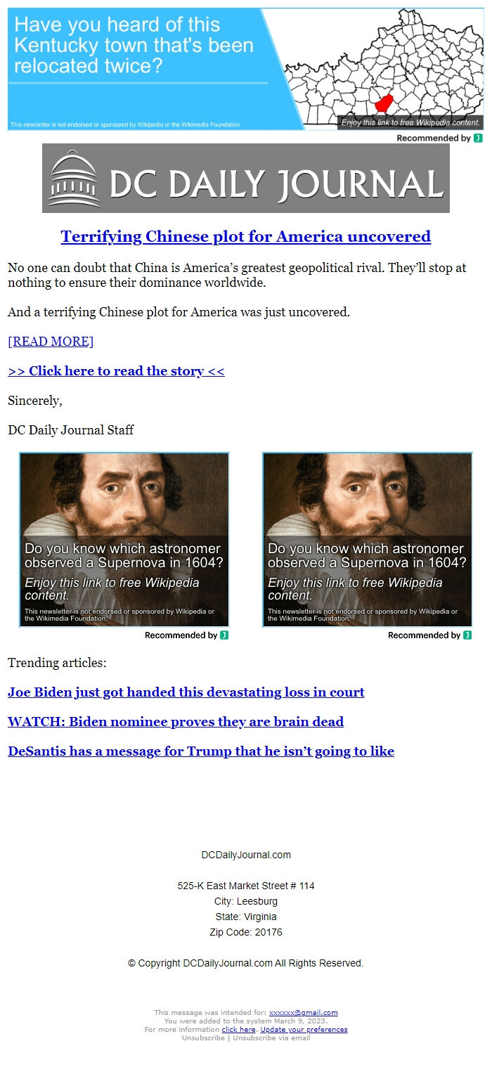 Screenshot of the email generated on import