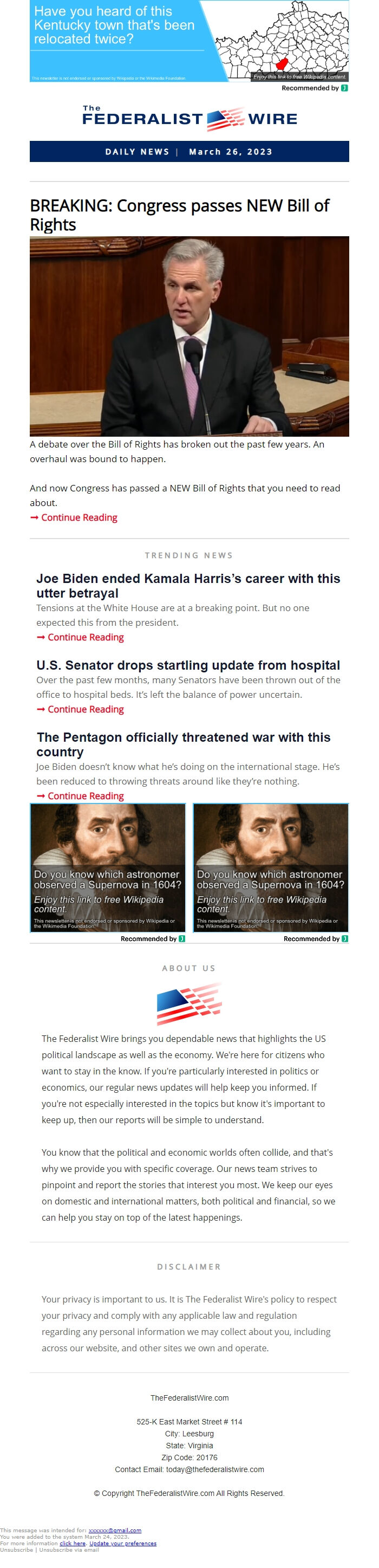 Screenshot of the email generated on import