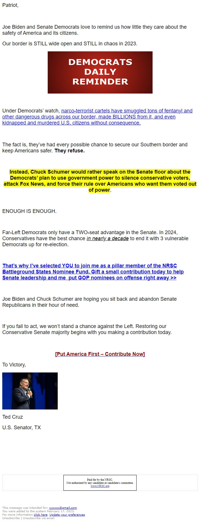 Screenshot of the email generated on import