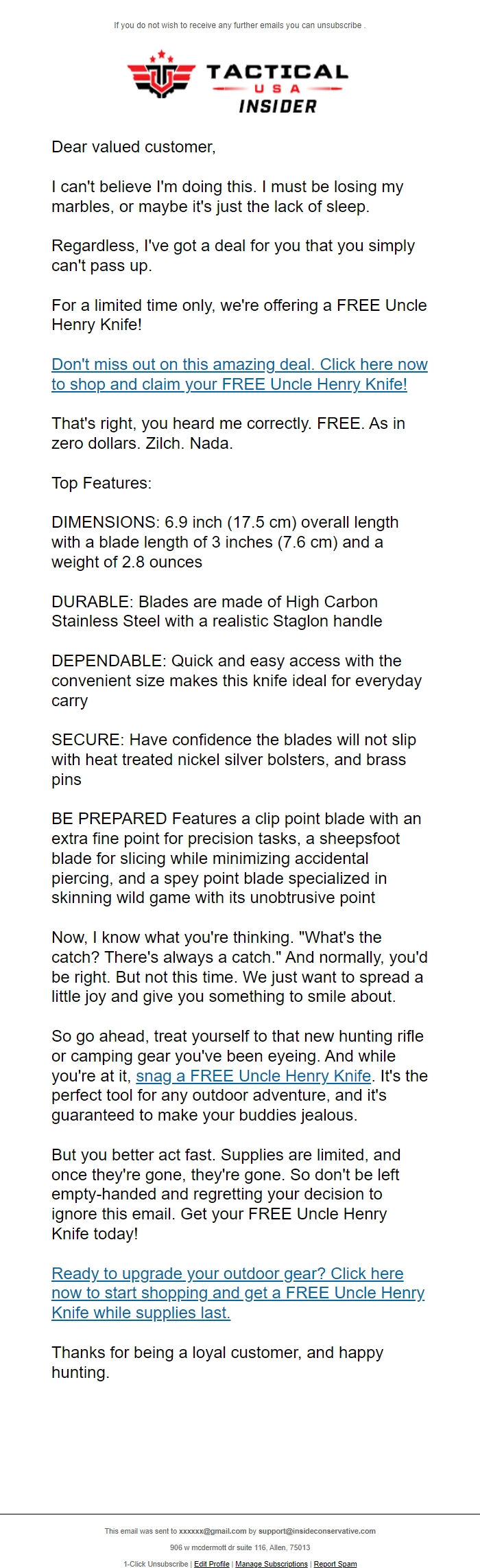 Screenshot of the email generated on import