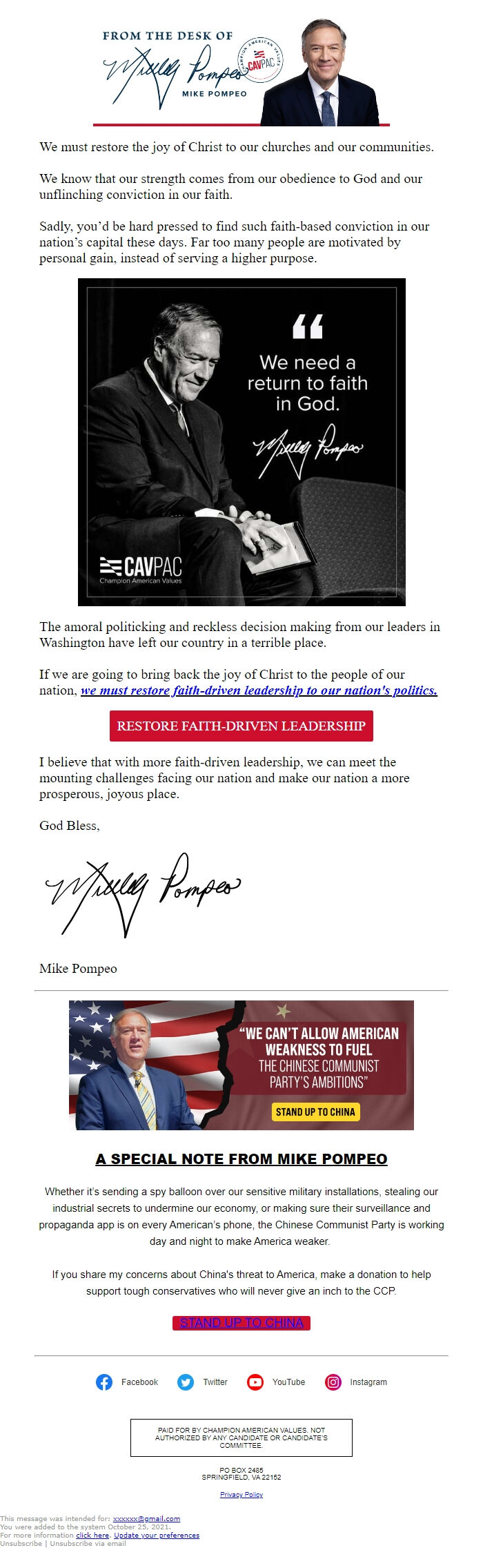 Screenshot of the email generated on import