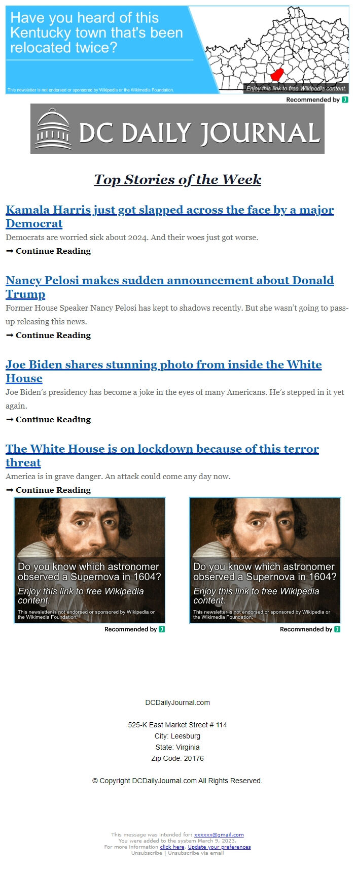 Screenshot of the email generated on import