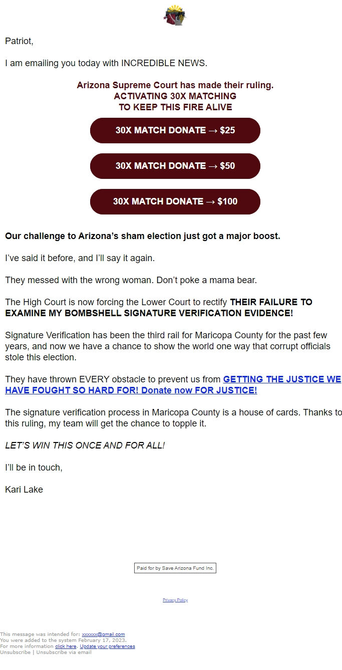 Screenshot of the email generated on import