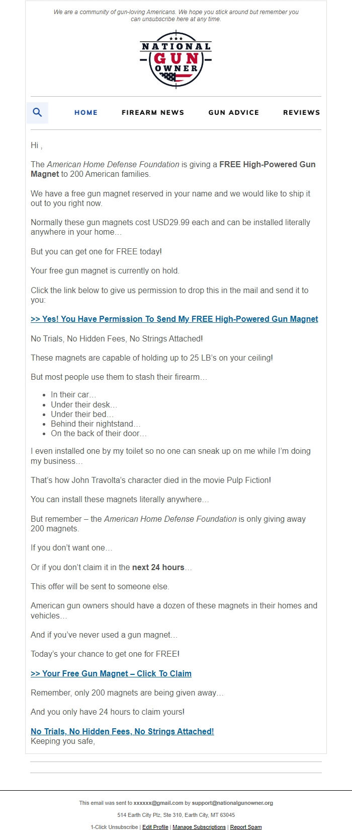 Screenshot of the email generated on import