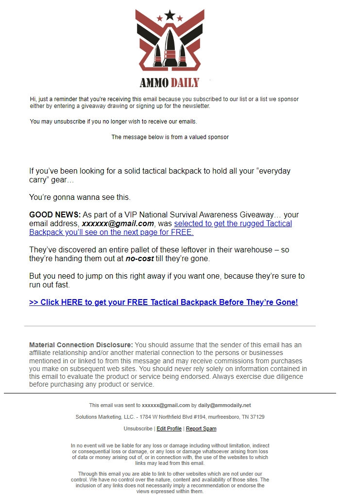 Screenshot of the email generated on import