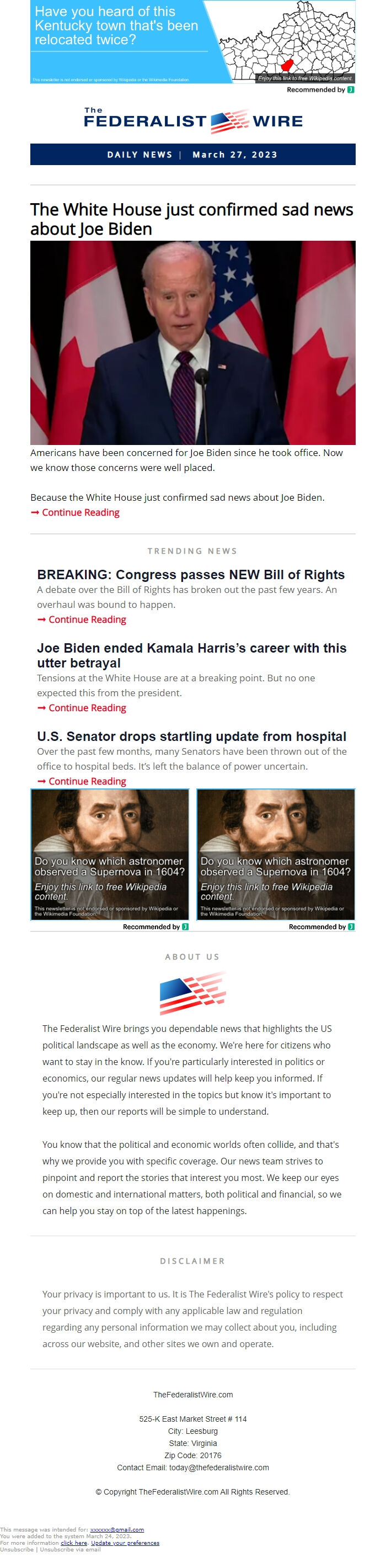 Screenshot of the email generated on import