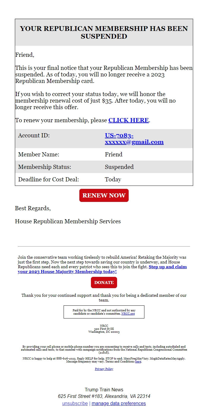 Screenshot of the email generated on import