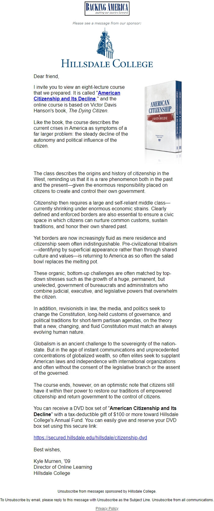 Screenshot of the email generated on import