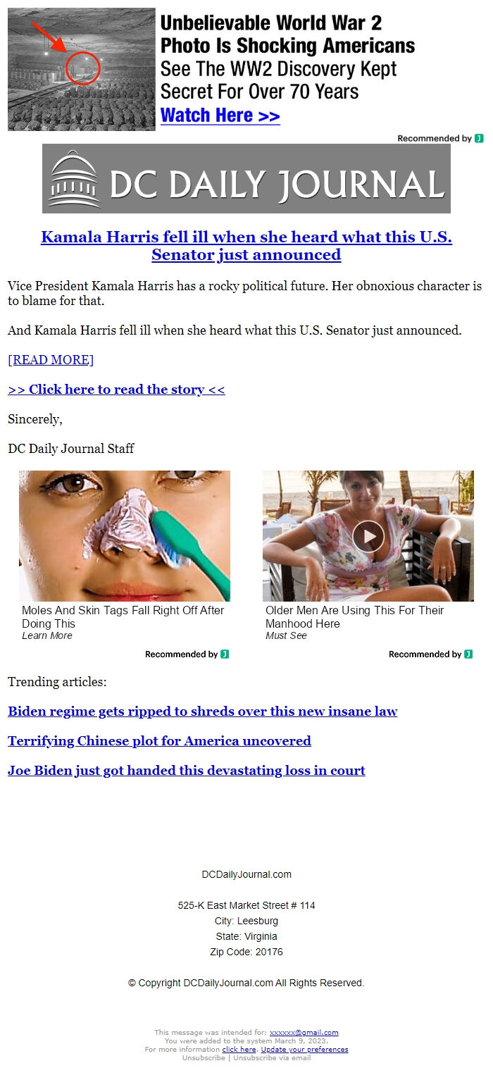 Screenshot of the email generated on import