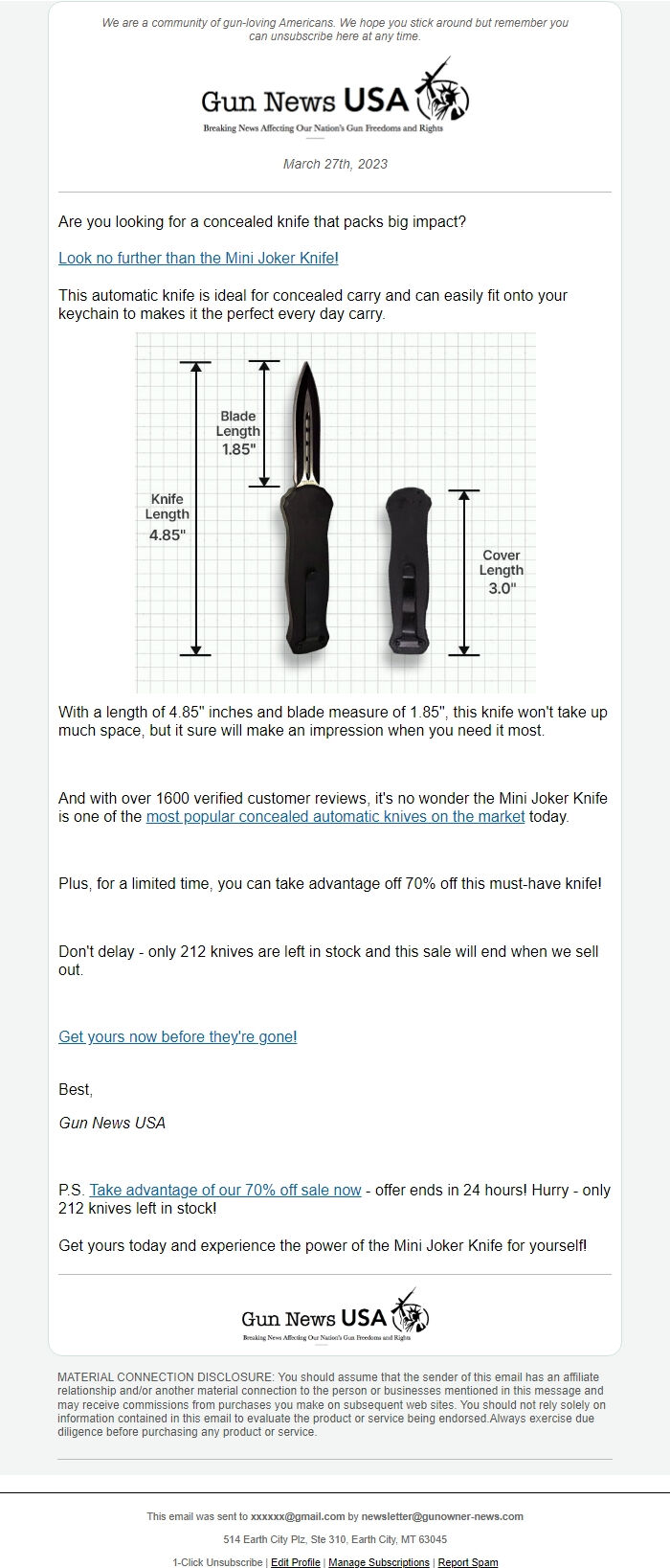 Screenshot of the email generated on import